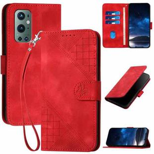 For OnePlus 9 Pro YX0080 Grid Butterfly Embossed Pattern Flip Leather Phone Case with Lanyard(Red)