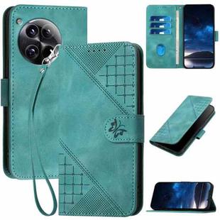 For OnePlus 12 YX0080 Grid Butterfly Embossed Pattern Flip Leather Phone Case with Lanyard(Light Blue)