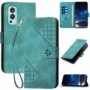 For OnePlus Nord 2 5G YX0080 Grid Butterfly Embossed Pattern Flip Leather Phone Case with Lanyard(Light Blue)