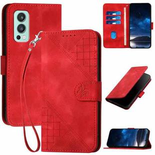 For OnePlus Nord 2 5G YX0080 Grid Butterfly Embossed Pattern Flip Leather Phone Case with Lanyard(Red)