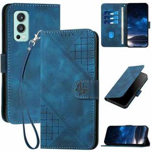 For OnePlus Nord 2 5G YX0080 Grid Butterfly Embossed Pattern Flip Leather Phone Case with Lanyard(Dark Blue)