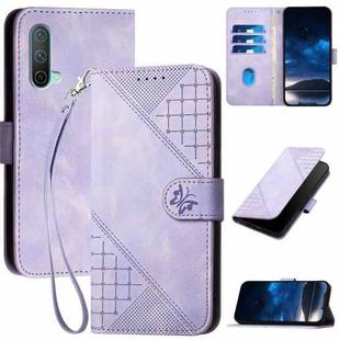 For OnePlus Nord CE 5G YX0080 Grid Butterfly Embossed Pattern Flip Leather Phone Case with Lanyard(Light Purple)