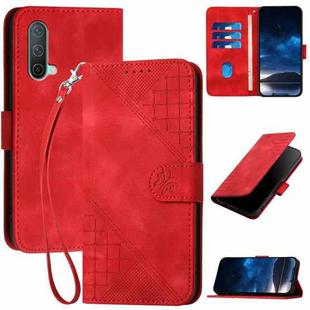 For OnePlus Nord CE 5G YX0080 Grid Butterfly Embossed Pattern Flip Leather Phone Case with Lanyard(Red)