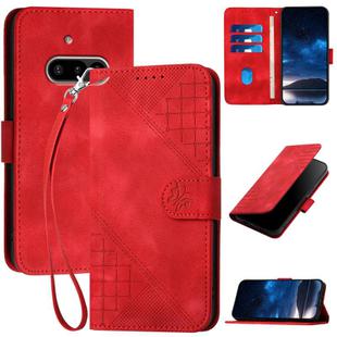 For Nothing Phone 3a YX0080 Grid Butterfly Embossed Pattern Leather Phone Case with Lanyard(Red)