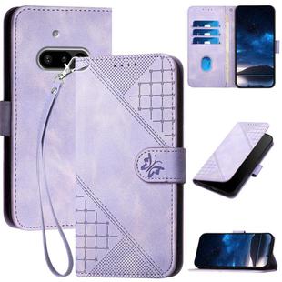 For Nothing Phone 3a YX0080 Grid Butterfly Embossed Pattern Leather Phone Case with Lanyard(Light Purple)