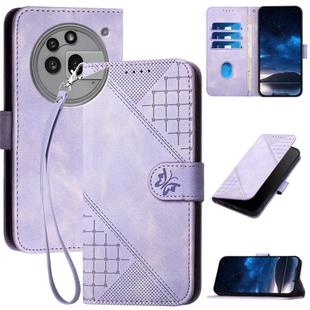 For Nothing Phone 3a Pro YX0080 Grid Butterfly Embossed Pattern Leather Phone Case with Lanyard(Light Purple)