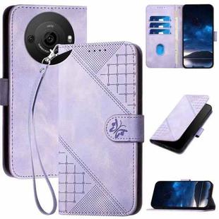 For Sharp Aquos R8 Pro SH-51D YX0080 Grid Butterfly Embossed Pattern Flip Leather Phone Case with Lanyard(Light Purple)