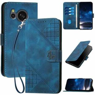 For Sharp Aquos Sense7 YX0080 Grid Butterfly Embossed Pattern Flip Leather Phone Case with Lanyard(Dark Blue)