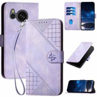 For Sharp Aquos Sense7 YX0080 Grid Butterfly Embossed Pattern Flip Leather Phone Case with Lanyard(Light Purple)