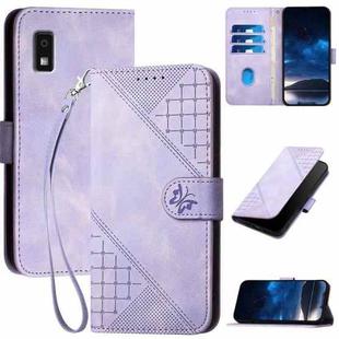 For Sharp Aquos Wish 3 YX0080 Grid Butterfly Embossed Pattern Flip Leather Phone Case with Lanyard(Light Purple)