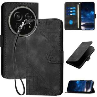 For Sharp Aquos R9 Pro Grid Butterfly Embossed Pattern Leather Phone Case with Lanyard(Black)