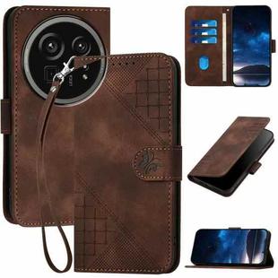 For Sharp Aquos R9 Pro Grid Butterfly Embossed Pattern Leather Phone Case with Lanyard(Coffee)