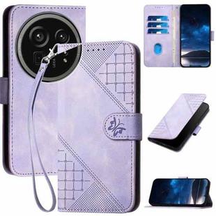 For Sharp Aquos R9 Pro Grid Butterfly Embossed Pattern Leather Phone Case with Lanyard(Light Purple)