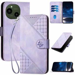 For Sharp Aquos R10 Grid Butterfly Embossed Pattern Leather Phone Case with Lanyard(Light Purple)