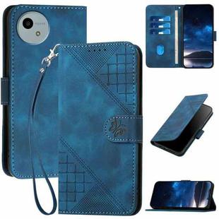 For Sharp Aquos wish5 Grid Butterfly Embossed Pattern Leather Phone Case with Lanyard(Dark Blue)