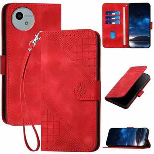 For Sharp Aquos wish5 Grid Butterfly Embossed Pattern Leather Phone Case with Lanyard(Red)