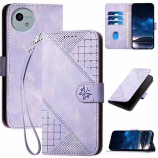 For Sharp Aquos wish5 Grid Butterfly Embossed Pattern Leather Phone Case with Lanyard(Light Purple)