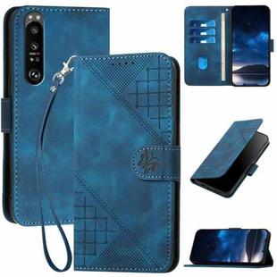 For Sony Xperia 1 III YX0080 Grid Butterfly Embossed Pattern Flip Leather Phone Case with Lanyard(Dark Blue)