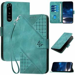 For Sony Xperia 5 III YX0080 Grid Butterfly Embossed Pattern Flip Leather Phone Case with Lanyard(Light Blue)