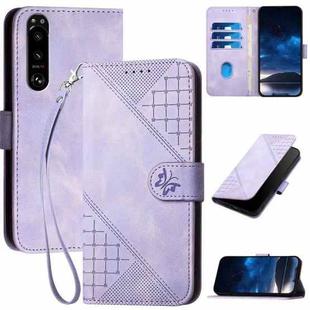 For Sony Xperia 5 III YX0080 Grid Butterfly Embossed Pattern Flip Leather Phone Case with Lanyard(Light Purple)