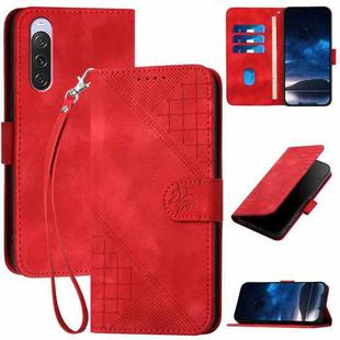 For Sony Xperia 10 V 2023 YX0080 Grid Butterfly Embossed Pattern Flip Leather Phone Case with Lanyard(Red)