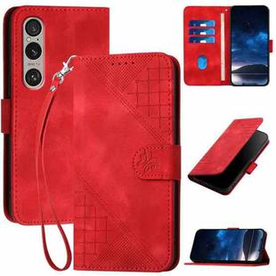 For Sony Xperia 1 VI 2024 YX0080 Grid Butterfly Embossed Pattern Flip Leather Phone Case with Lanyard(Red)