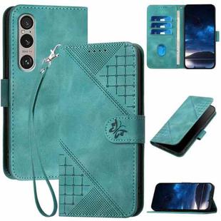 For Sony Xperia 1 VI 2024 YX0080 Grid Butterfly Embossed Pattern Flip Leather Phone Case with Lanyard(Light Blue)