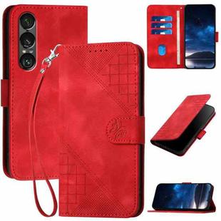 For Sony Xperia 1 VII Grid Butterfly Embossed Pattern Flip Leather Phone Case with Lanyard(Red)