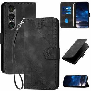 For Sony Xperia 1 VII Grid Butterfly Embossed Pattern Flip Leather Phone Case with Lanyard(Black)
