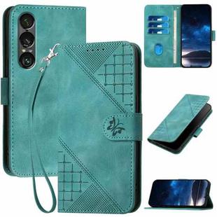 For Sony Xperia 1 VII Grid Butterfly Embossed Pattern Flip Leather Phone Case with Lanyard(Light Blue)