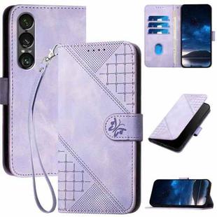 For Sony Xperia 1 VII Grid Butterfly Embossed Pattern Flip Leather Phone Case with Lanyard(Light Purple)