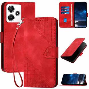 For Redmi 12 5G YX0080 Grid Butterfly Embossed Pattern Flip Leather Phone Case with Lanyard(Red)