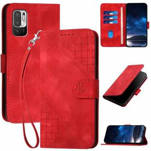 For Redmi 10 YX0080 Grid Butterfly Embossed Pattern Flip Leather Phone Case with Lanyard(Red)