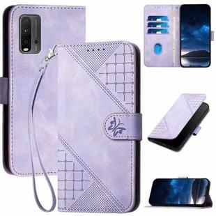 For Redmi 9T YX0080 Grid Butterfly Embossed Pattern Flip Leather Phone Case with Lanyard(Light Purple)