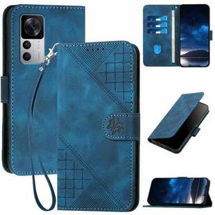 For Redmi K50 Ultra YX0080 Grid Butterfly Embossed Pattern Flip Leather Phone Case with Lanyard(Dark Blue)