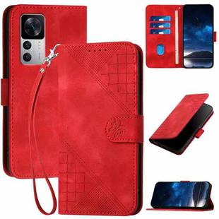 For Redmi K50 Ultra YX0080 Grid Butterfly Embossed Pattern Flip Leather Phone Case with Lanyard(Red)