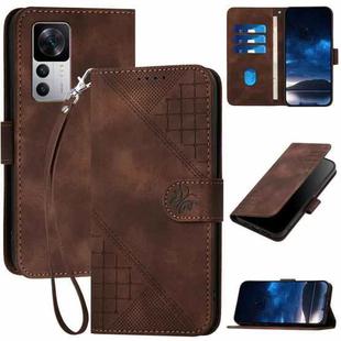 For Redmi K50 Ultra YX0080 Grid Butterfly Embossed Pattern Flip Leather Phone Case with Lanyard(Coffee)