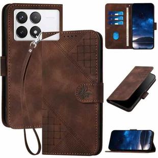 For Redmi K70 YX0080 Grid Butterfly Embossed Pattern Flip Leather Phone Case with Lanyard(Coffee)