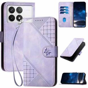 For Redmi K70 YX0080 Grid Butterfly Embossed Pattern Flip Leather Phone Case with Lanyard(Light Purple)