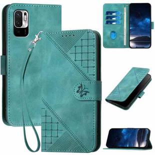 For Redmi Note 10 5G YX0080 Grid Butterfly Embossed Pattern Flip Leather Phone Case with Lanyard(Light Blue)