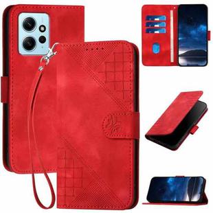 For Redmi Note 12 4G YX0080 Grid Butterfly Embossed Pattern Flip Leather Phone Case with Lanyard(Red)