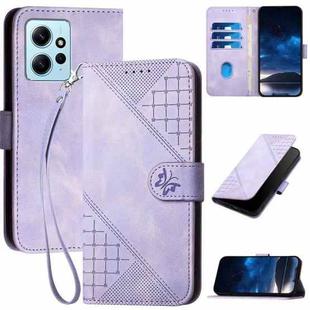 For Redmi Note 12 4G YX0080 Grid Butterfly Embossed Pattern Flip Leather Phone Case with Lanyard(Light Purple)