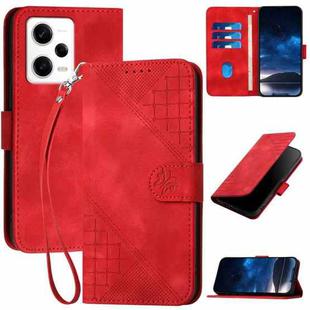 For Redmi Note 12 Pro YX0080 Grid Butterfly Embossed Pattern Flip Leather Phone Case with Lanyard(Red)