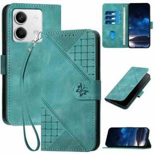 For Redmi Note 13 5G YX0080 Grid Butterfly Embossed Pattern Flip Leather Phone Case with Lanyard(Light Blue)