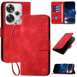 For Redmi Turbo 3 YX0080 Grid Butterfly Embossed Pattern Flip Leather Phone Case with Lanyard(Red)