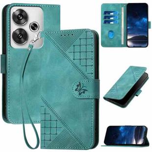 For Redmi Turbo 3 YX0080 Grid Butterfly Embossed Pattern Flip Leather Phone Case with Lanyard(Light Blue)