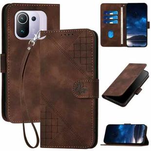 For Xiaomi Mi 11 Pro YX0080 Grid Butterfly Embossed Pattern Flip Leather Phone Case with Lanyard(Coffee)