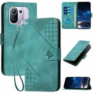 For Xiaomi Mi 11 Pro YX0080 Grid Butterfly Embossed Pattern Flip Leather Phone Case with Lanyard(Light Blue)