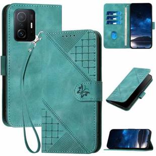 For Xiaomi Mi 11T YX0080 Grid Butterfly Embossed Pattern Flip Leather Phone Case with Lanyard(Light Blue)