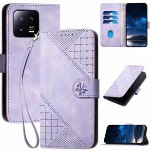 For Xiaomi 13 YX0080 Grid Butterfly Embossed Pattern Flip Leather Phone Case with Lanyard(Light Purple)